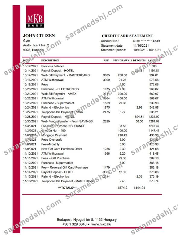 Hungary MKB Bank statement easy to fill template in .xls and .pdf file format